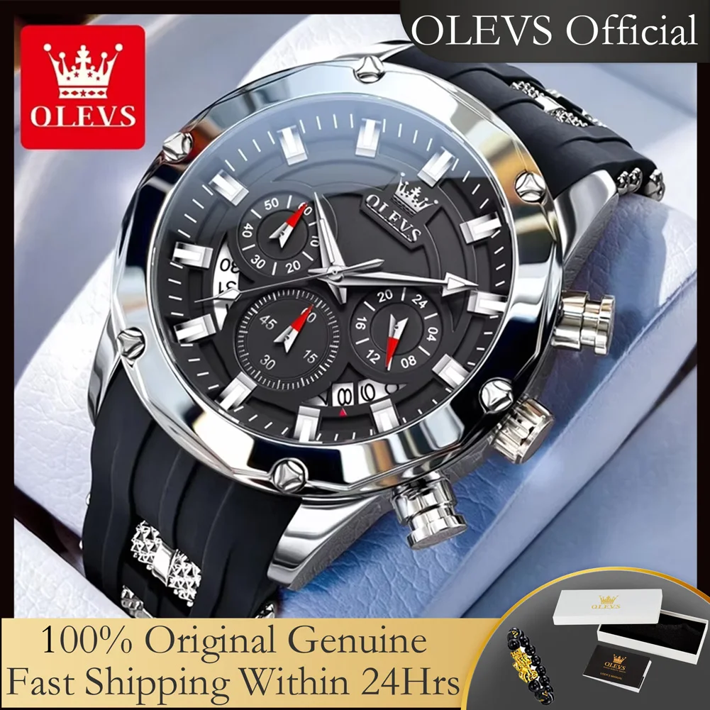 

9991 оригинальные мужские часы OLEVS с силиконовым ремешком, многофункциональные кварцевые наручные часы для мужчин, модные спортивные водонепроницаемые часы с хронографом