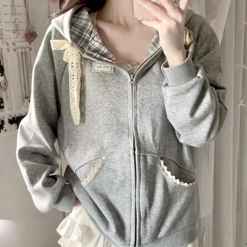 American Gaganight Grey Bow Spliced Checkered Hooded Sweatshirt Women Loose Harajuku Y2k Jacket Casual Female Autumn Winter New