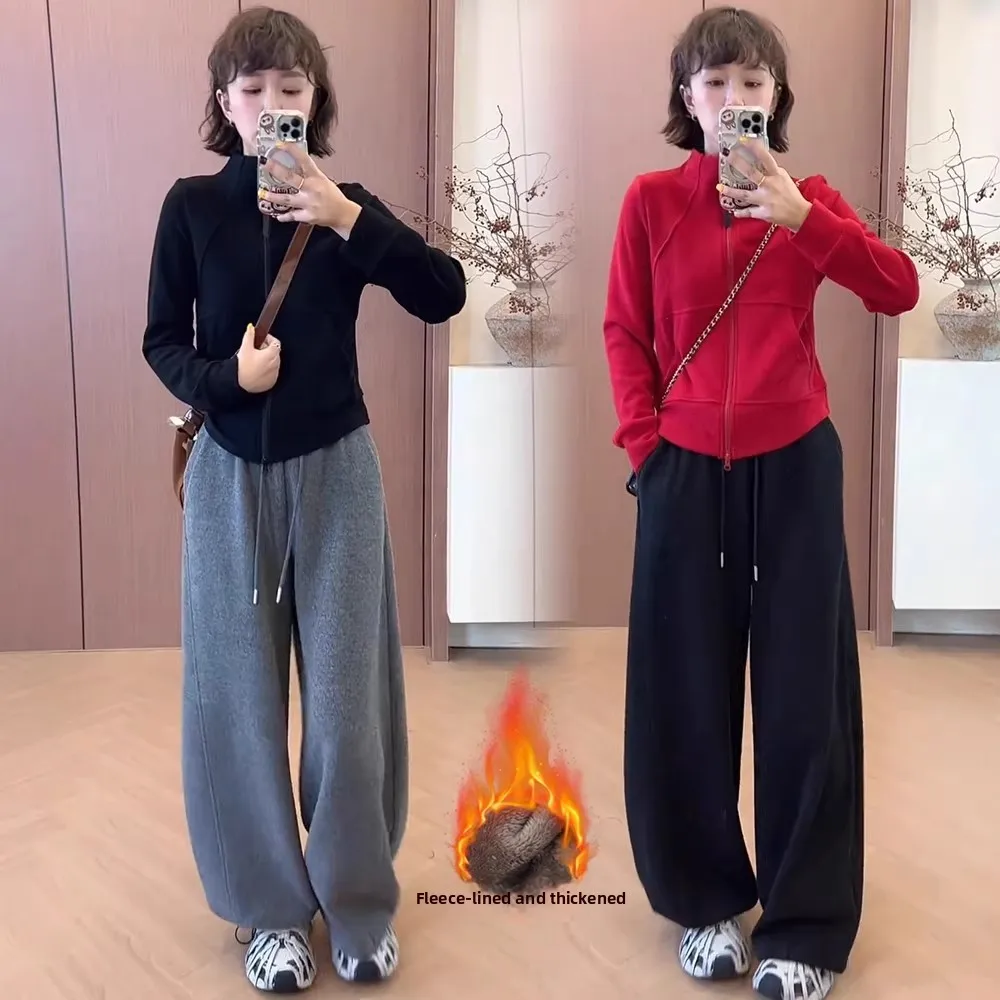 

Fashionable Casual Sportswear Set Women's Winter Thickened Slim Fit Sweatshirt Cardigan Wide Leg Pants Two Piece Trendy Outfit