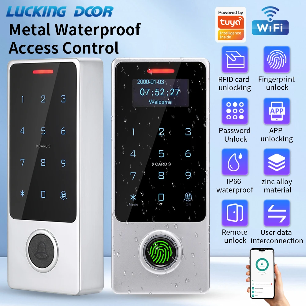 WLAN-fähiges Tuya App-kompatibles Fingerabdruck-Zutrittskontrollsystem mit Tastatur, Metallgehäuse, wasserdicht, RFID-Kartenleser, eigenständiges Türzugangskontrollsystem