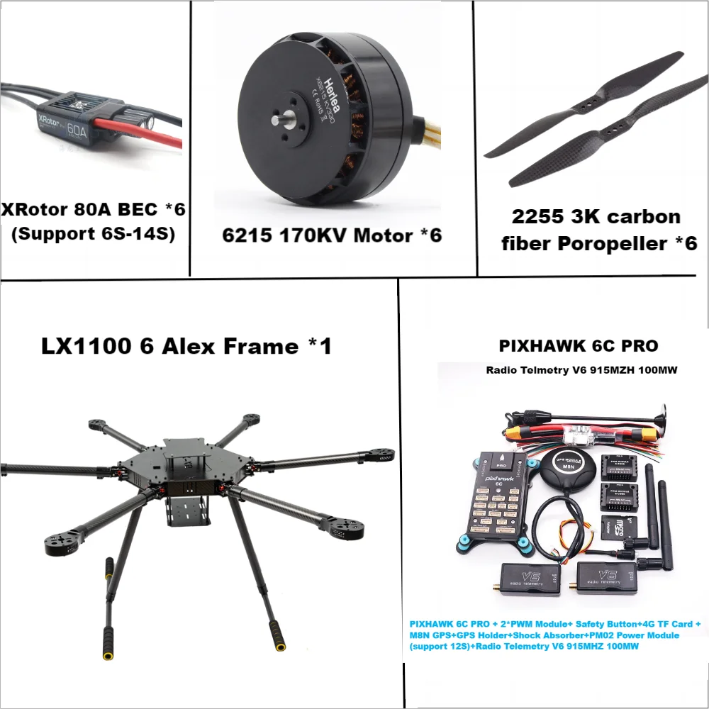 LX1100 6C PRO M8N M9N M10 Full Carbon Fiber 1100mm Hexa-Rotor Frame X-Roter 80A ESC PX4 Pixhawk Flight Control Set 6215 Motor