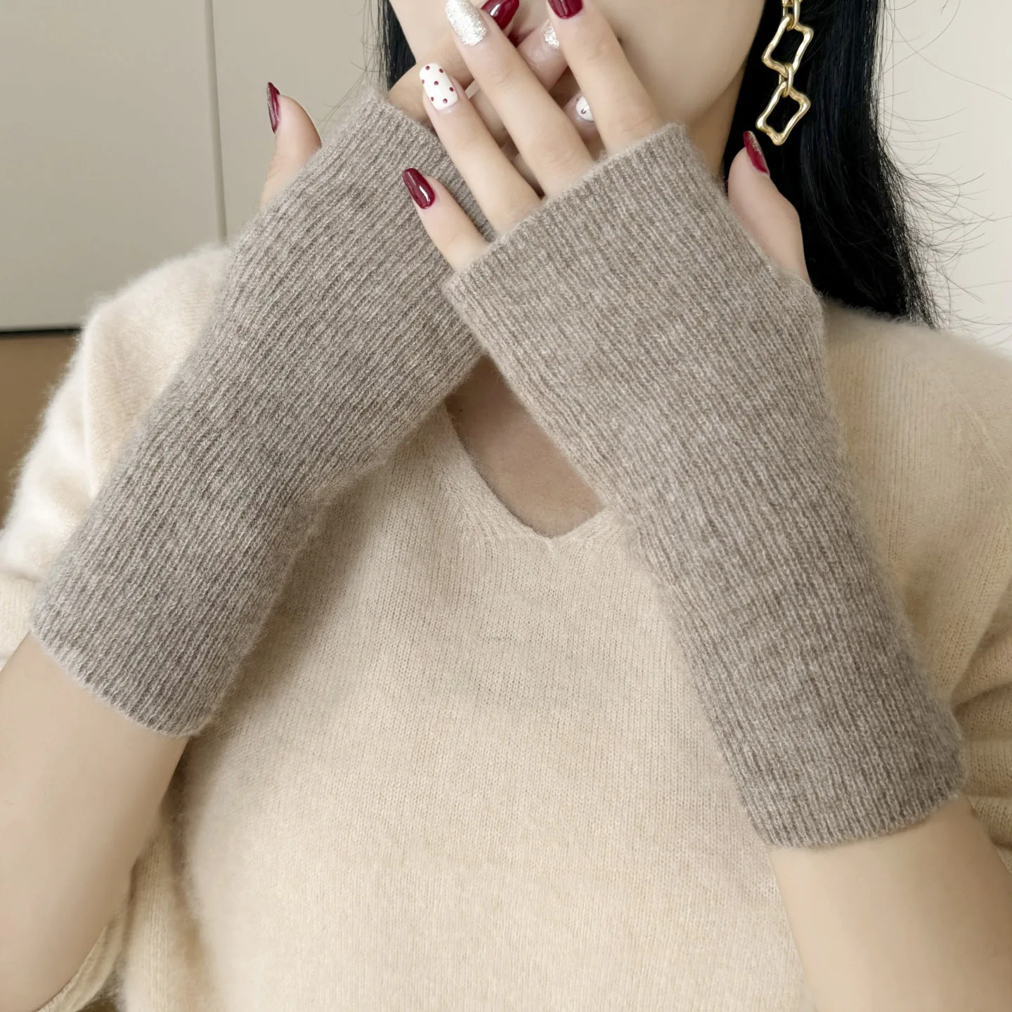 Women Knitted 100% Cashmere Fingerless Knit Gloves Winter Warm Coldproof short Arm Warmers Half Finger Wrist Cuffs Hand Sleeves