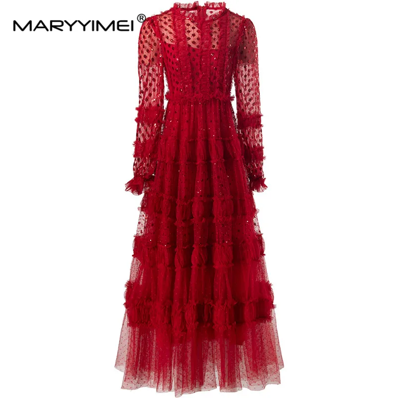 MARYYIMEI Autumn Women's Dress Long-Sleeved High Waiste Sequins Edible Tree Fungus Edge Elegant Design Party S-XXXXL Dresses