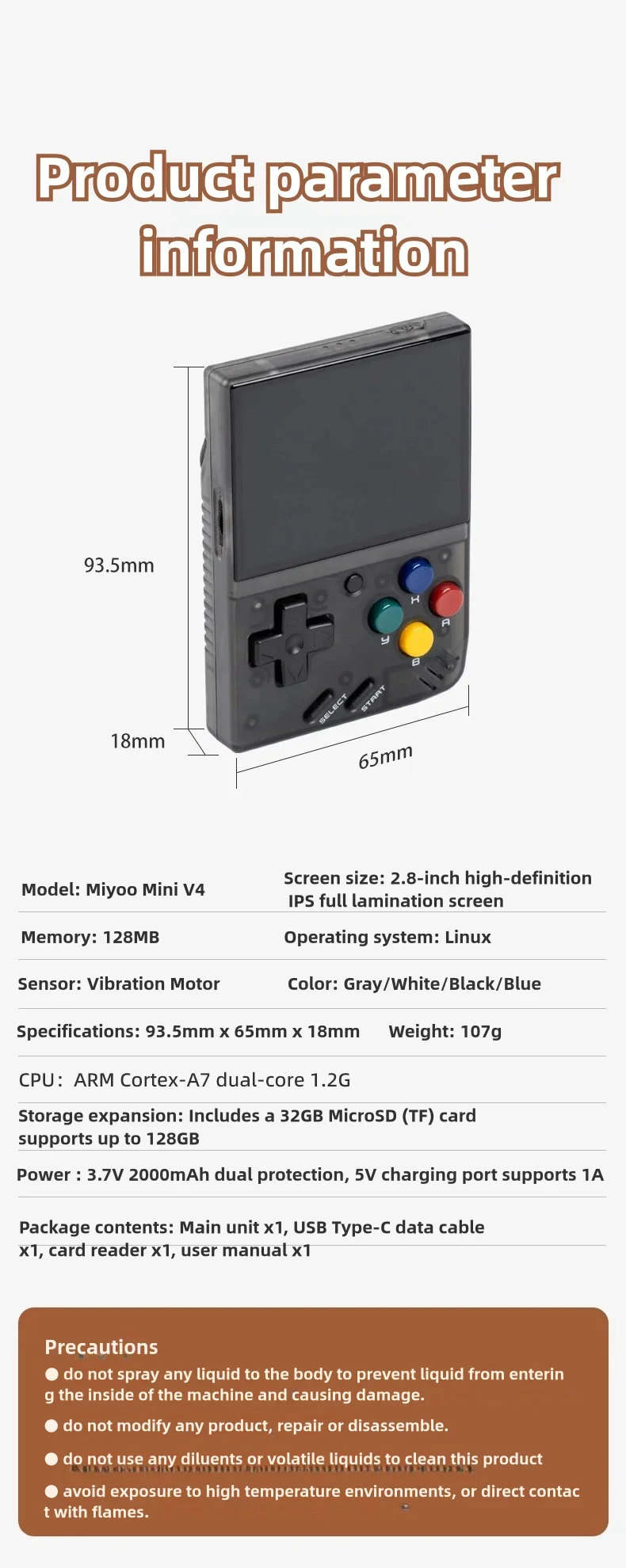 Miyoo Mini V4 Consola Retro Portátil – Pantalla HD De 2.8 Pulgadas, 64 GB, Batería De 2000 MAh, Soporta Múltiples Emuladores