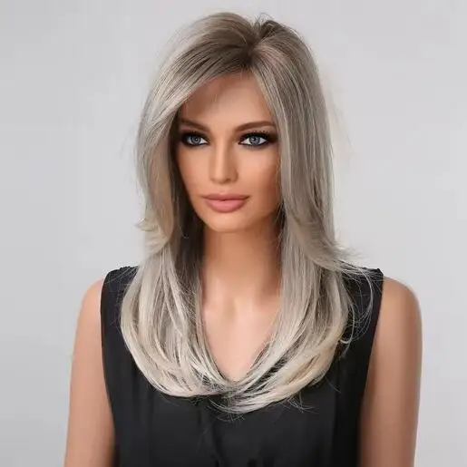 Ombre Brown High Quality Synthetic Wig Long Natural Wave Wigs with Bangs for Women Hair Daily Party High Density Heat Resistant