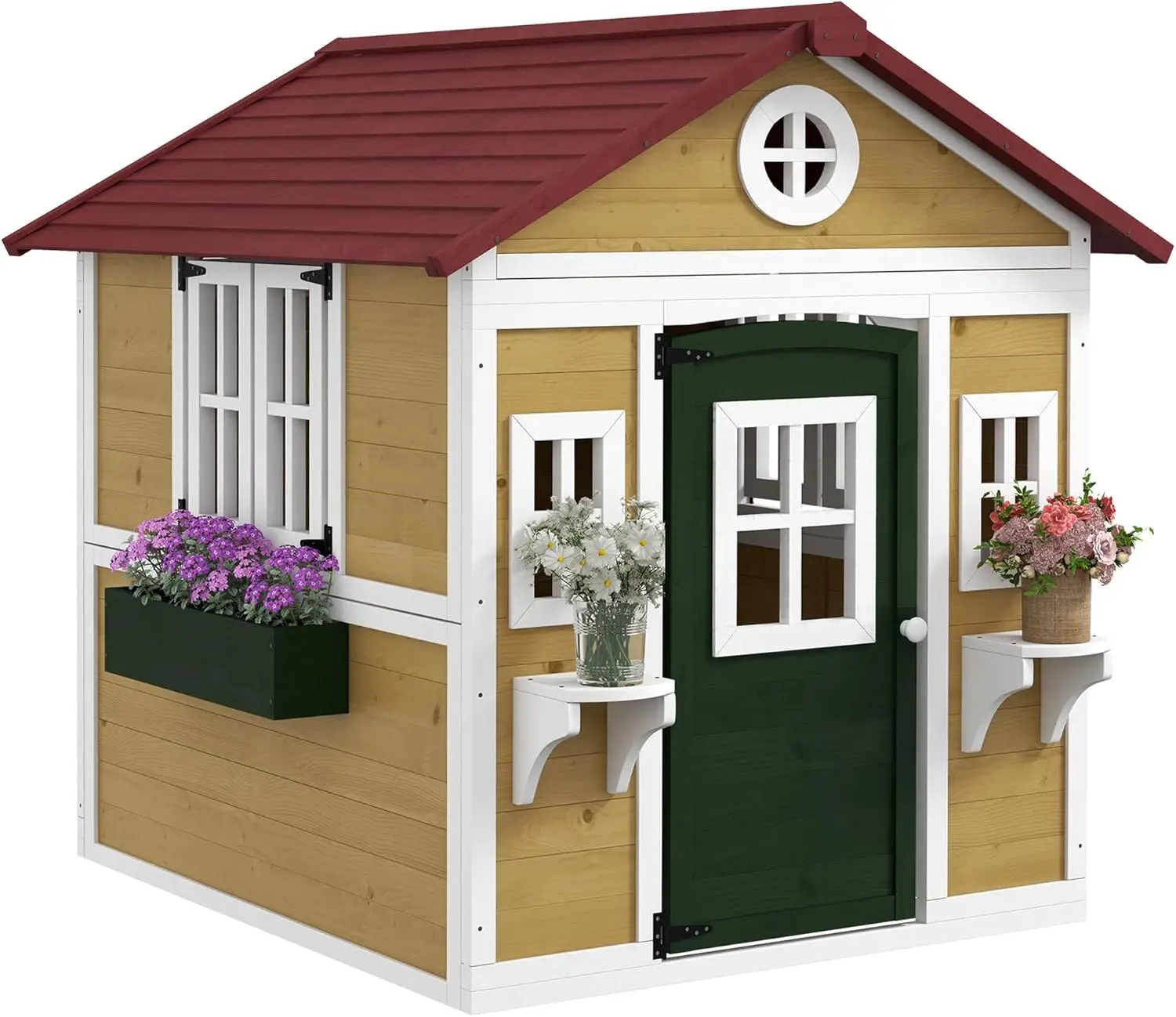 Kids Outdoor, Wooden Playhouse with Doors, Windows, Planter Pots and Boxes for Toddlers 3-8 Years, Cottag