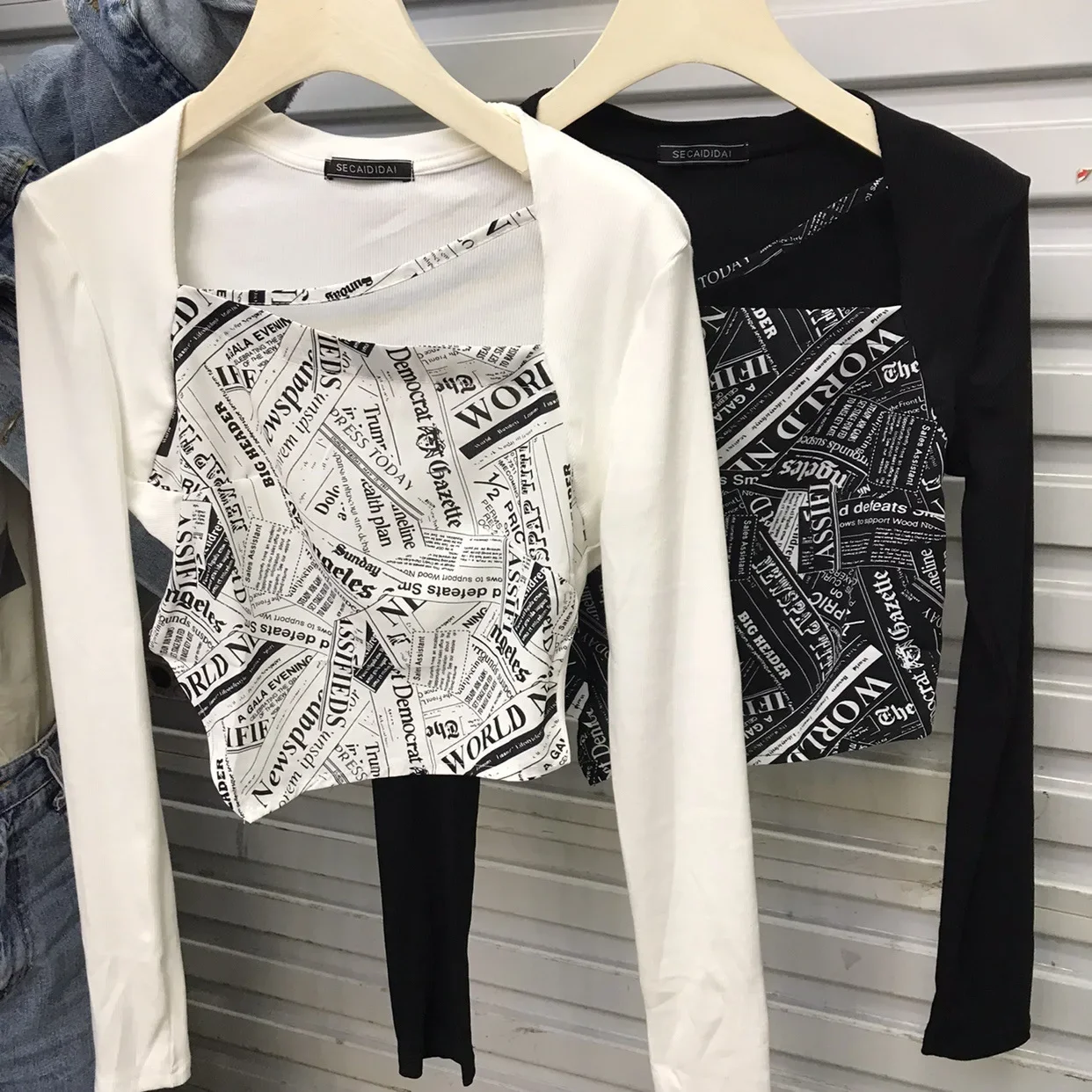 

Printed bottoming shirt female summer 2024 new retro splicing chiffon design sense irregular T-shirt niche long-sleeved T-shirt