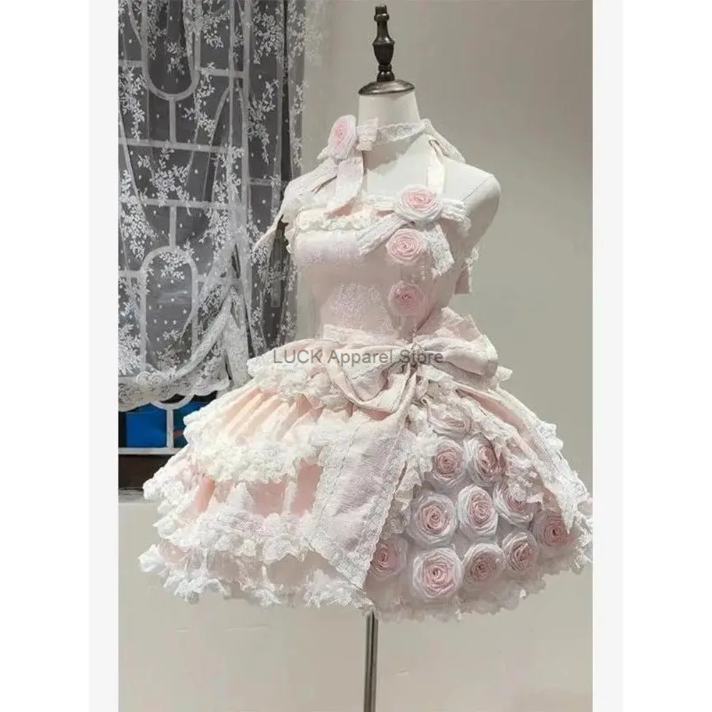 

Pink Rose Little Dress Lolita Dress Cute Sweet Girl Birthday Dress Elegant Young Princess Dress Lolita Summer