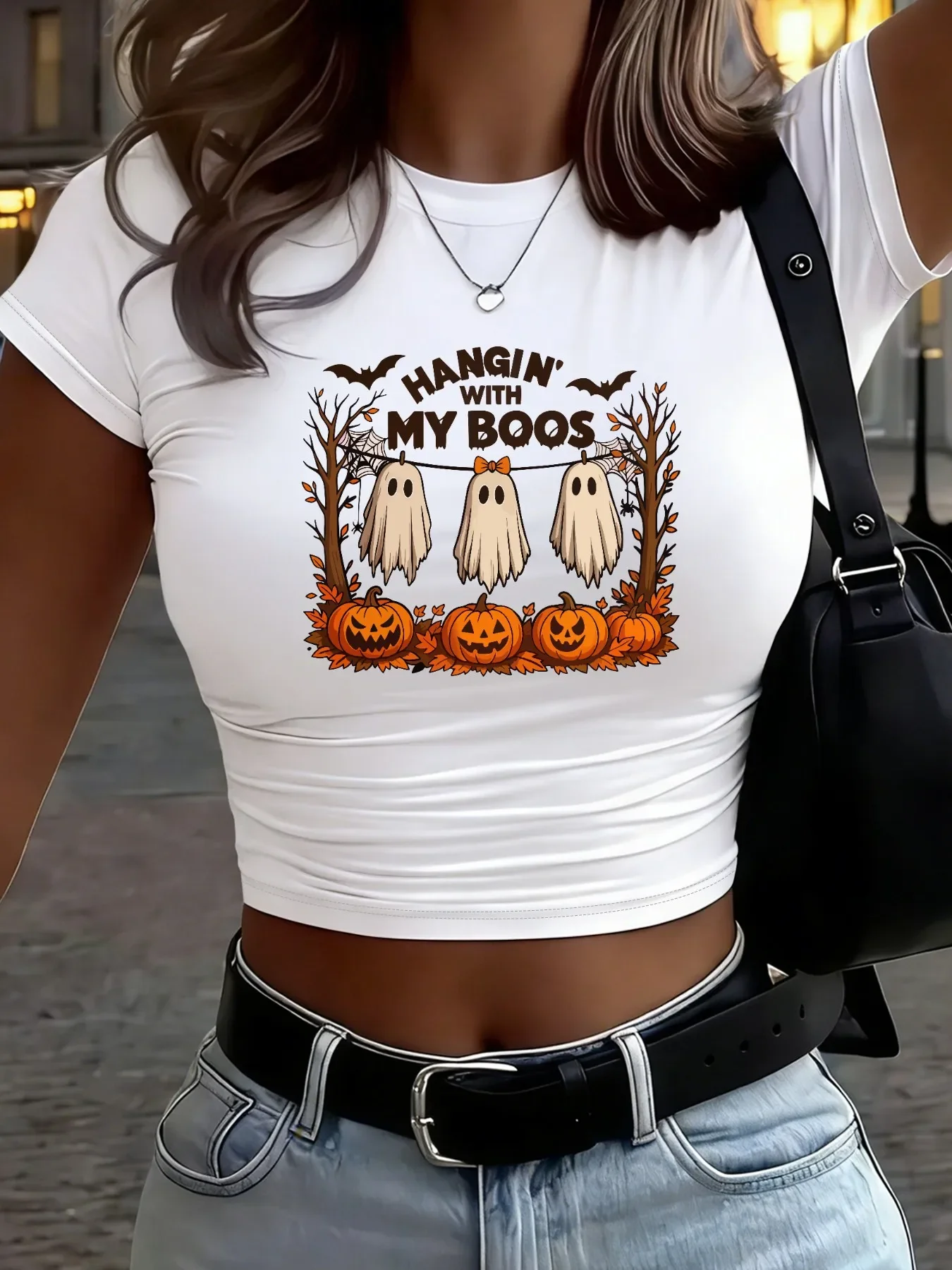 Y2K Women's Sexy Cropped T-Shirt with Halloween-Themed and Pumpkin Print Soft and Comfortable Fabric Crop Tops Clothes Female
