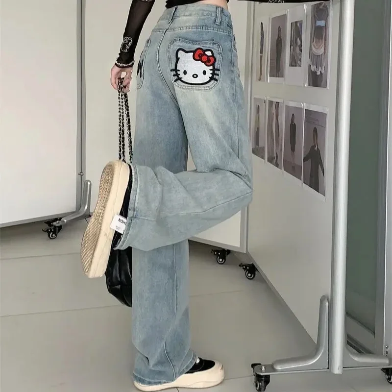 Sanrio Y2k Hallo Kitty Jeans Harajuku Trend Anime Kawaii Kt Breite Bein Hosen Lose Für Frauen Hosen Straße Student Casual Jeans