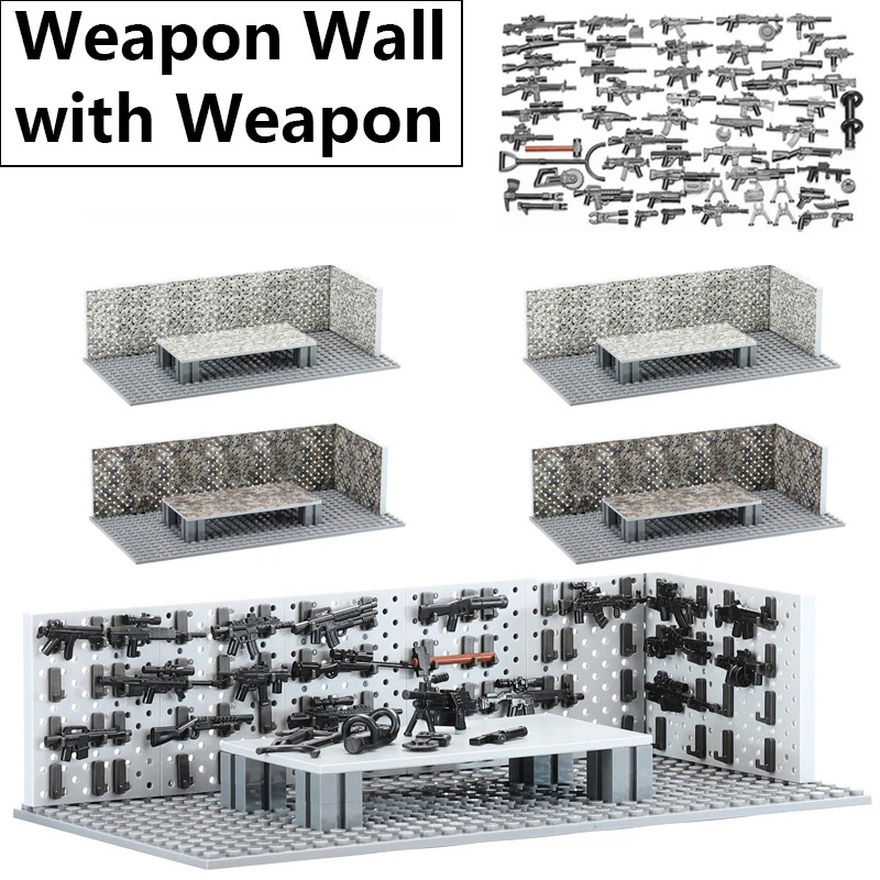 

MOC Military Gun Weapon Rack Building Blocks Figures Guns Wall Modern Base Station SWAT Soldiers sandbag Armory WW2 Bricks Toys