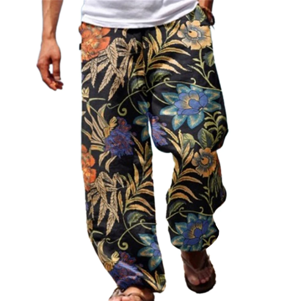 Calça casual de harém larga masculina, elástico na cintura, praia, solta, perna larga, calça hippy