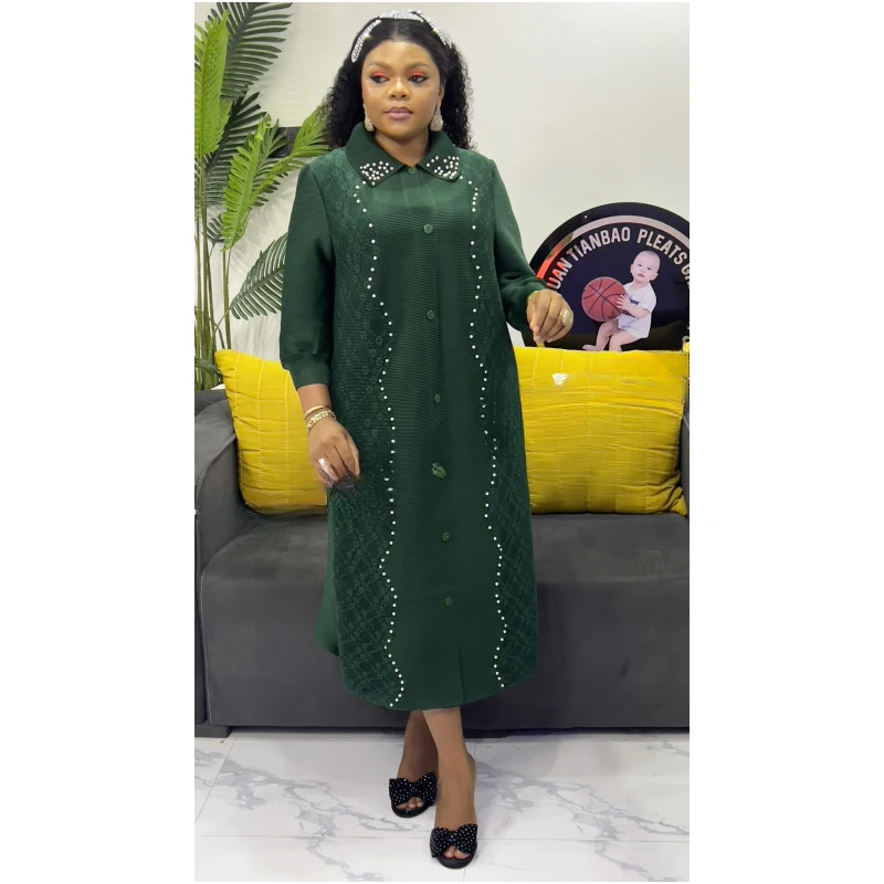 2025 Miyake Pleats Wholesale New Solid Color Dress Lace Splicing Beads Temperament Loose Women's Cardigan Dresses - Image 6