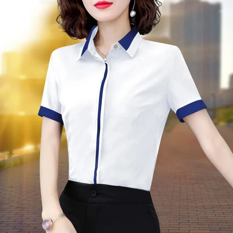 

Women's Color Block Collar Short Sleeve Blouse Office Workwear Slim Fit