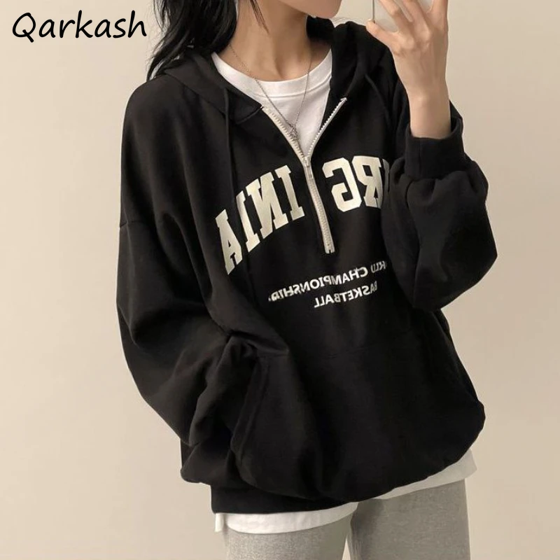 

Hoodies Women Loose Letter Design Vintage American Style Autumn Soft Zip Streetwear College Classic Popular Unisex BF All-match