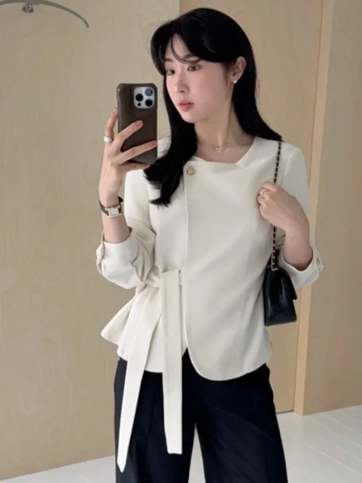 

Korean Sle Thin Belted Long Sve Women's Jaet Faionable Autumn Wear Waist-Cinching Design Ele Personali High-En...