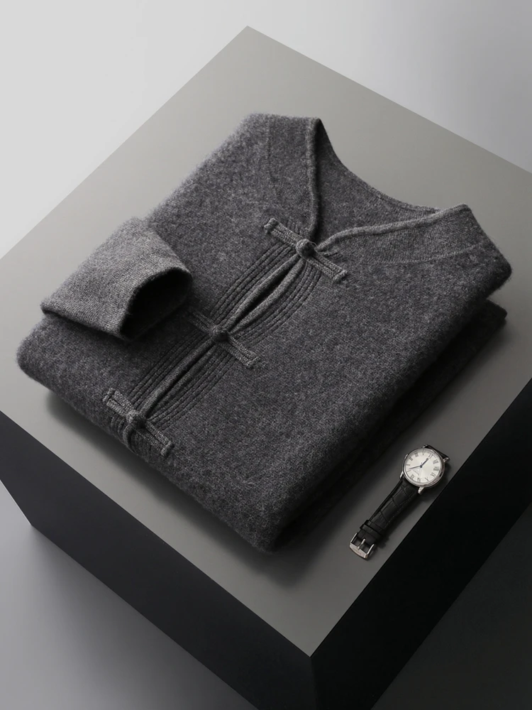 Autumn Winter Men's Luxury Chinese Style Collarless Thick Cardigan High Quality Soft knitwear Chic Tops 100% Cashmere Sweater