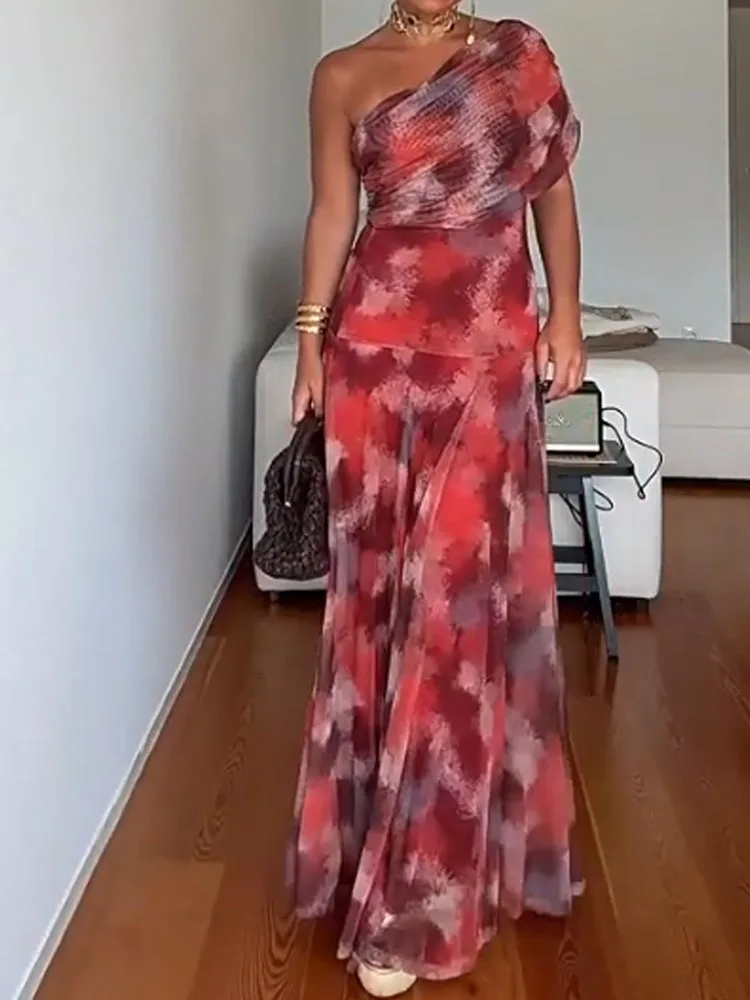 Elegante tubino monospalla abito lungo trasparente moda donna temperamento abito da festa sottile abiti maxi sexy senza spalline in tinta unita