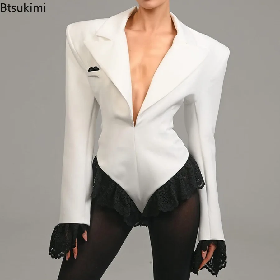 Traje de encaje a la moda para mujer, mono, chaqueta de otoño, Tops para el cuerpo con cuello en V, cárdigan Sexy ajustado de manga larga, ropa de calle, peleles negros para mujer