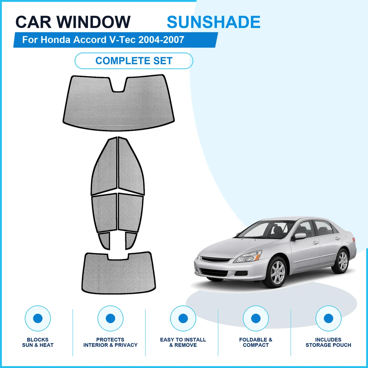 For Honda Accord V-Tec 2004-2007 Custom Full Set Window Sunshades Aluminum Foil Suction Cup Anti UV Privacy