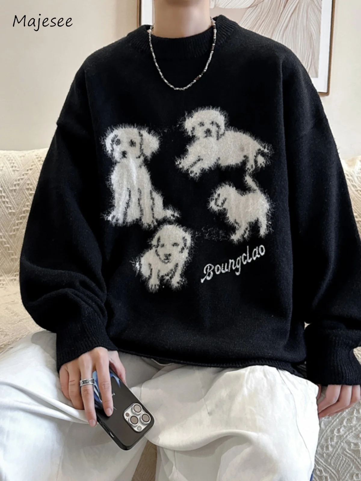 Unisex Sweaters Men Autumn Chic Cartoon Design Lovely College Korean Style Loose Basic Cozy Knitwear O-neck All-match Hip Hop