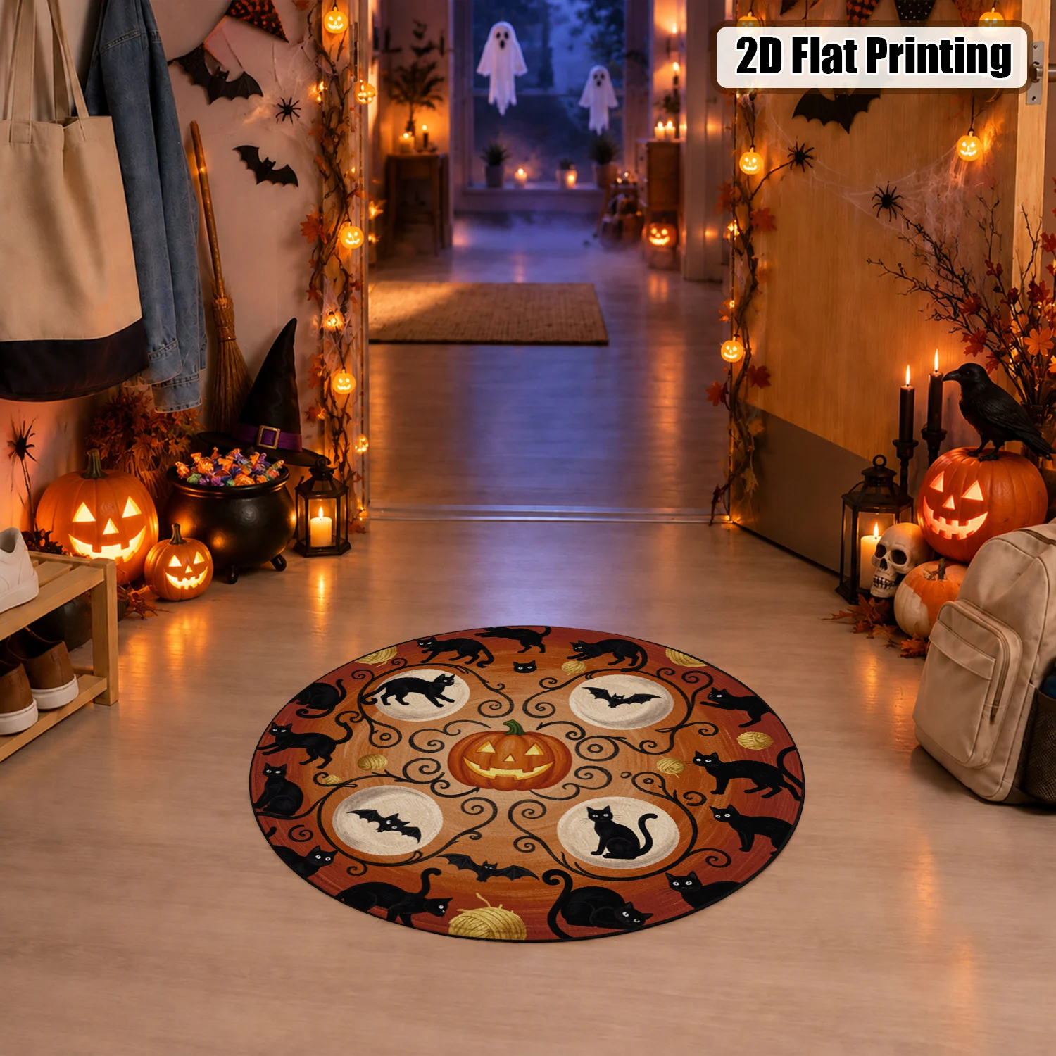 Halloween Black Cat Bat Pumpkin Yarn Pattern Round Velvet Rug Machine Washable Suitable for Living Room Bedroom Dining Area Entryway Halloween Thanksgiving Christmas New Year Black Friday Cyber Monday