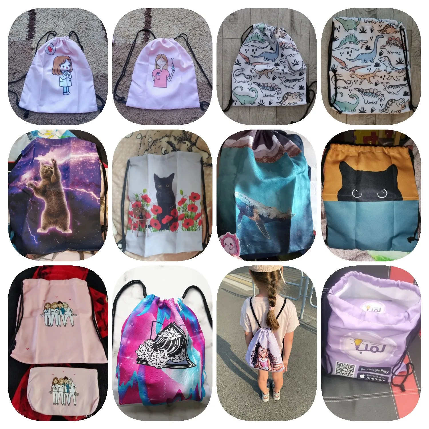 Watercolor Painting Cute Cat Backpacks Cartoon Animal Printed Child Student School Bag Practical Teenager Girls Drawstring Bags