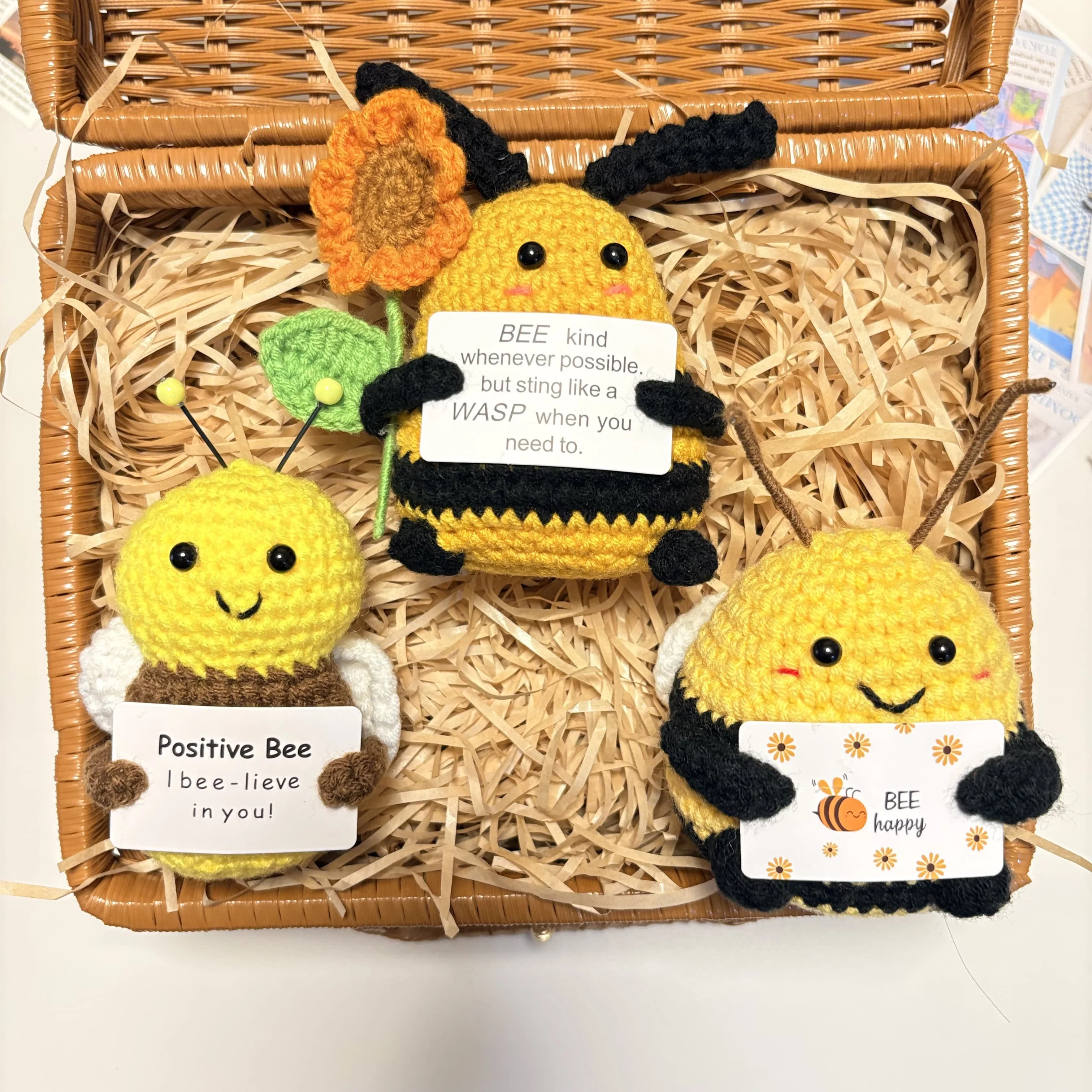 Positive Energy Bees Potato Doll Hug Pocket Mini Handmade Plush Knitting Doll Funny Emotional Support Crochet Gift for Birthday