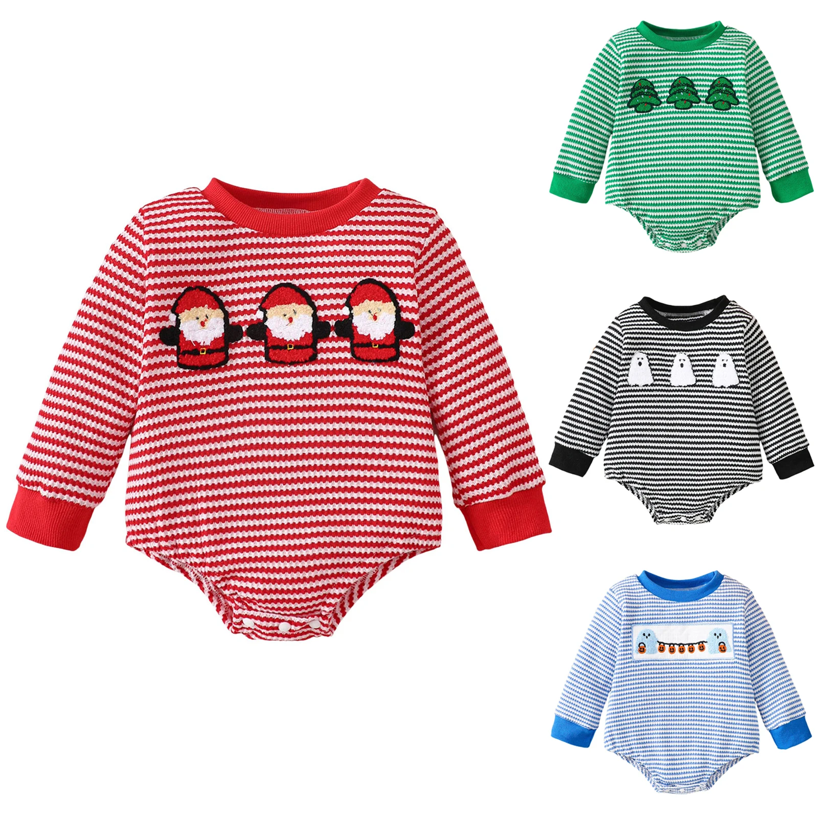 

Baby Christmas Romper Unisex Infant Striped Long Sleeve Comfortable Cute Santa Claus Printed Bodysuit Toddler Crawling Clothes