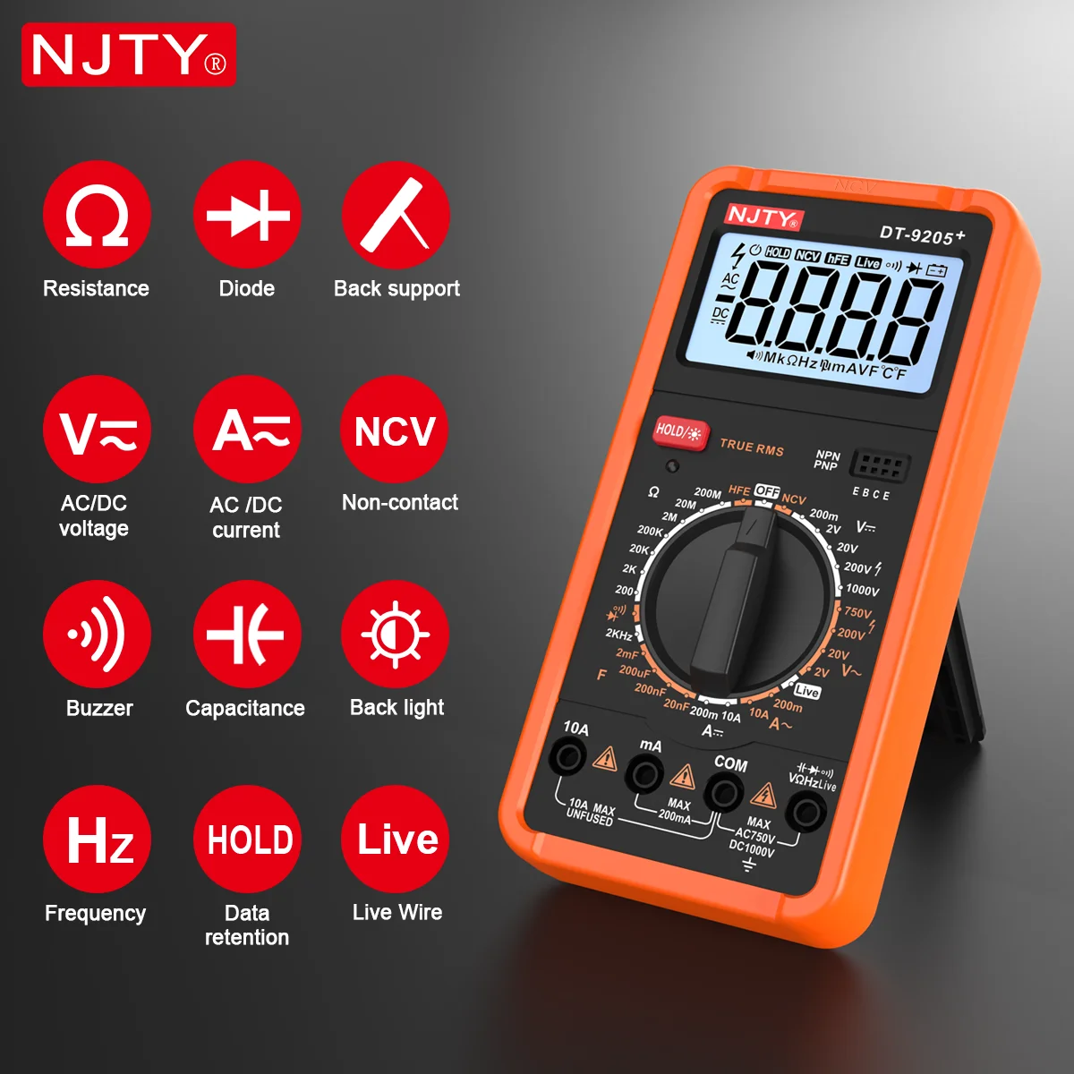 NJTY DT-9205+ Digitales Multimeter mit Manueller Bereichswahl Elektrischer Tester für Spannung, Strom, Widerstand, Frequenz HEF Spannungsmessgerät für Spannungsleitungen – Detail 1