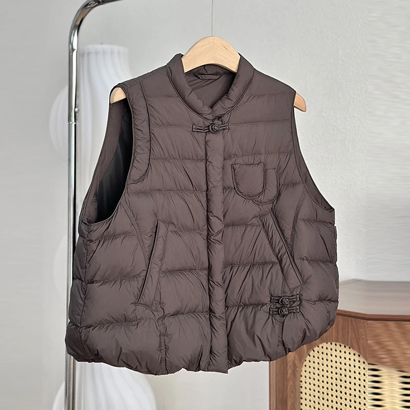 

Loose Versatile Stand up Puffer Sleeveless Vests 2025 New Winter Retro Button Lightweight Duck Down Waistcoat Women