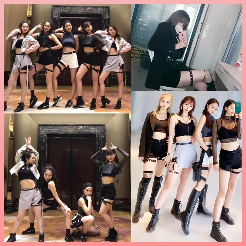 kpop Korean Celebrity show black hip hop short vest lapel jacket coat tops+sexy High waist mini skirts slim shorts women outfits