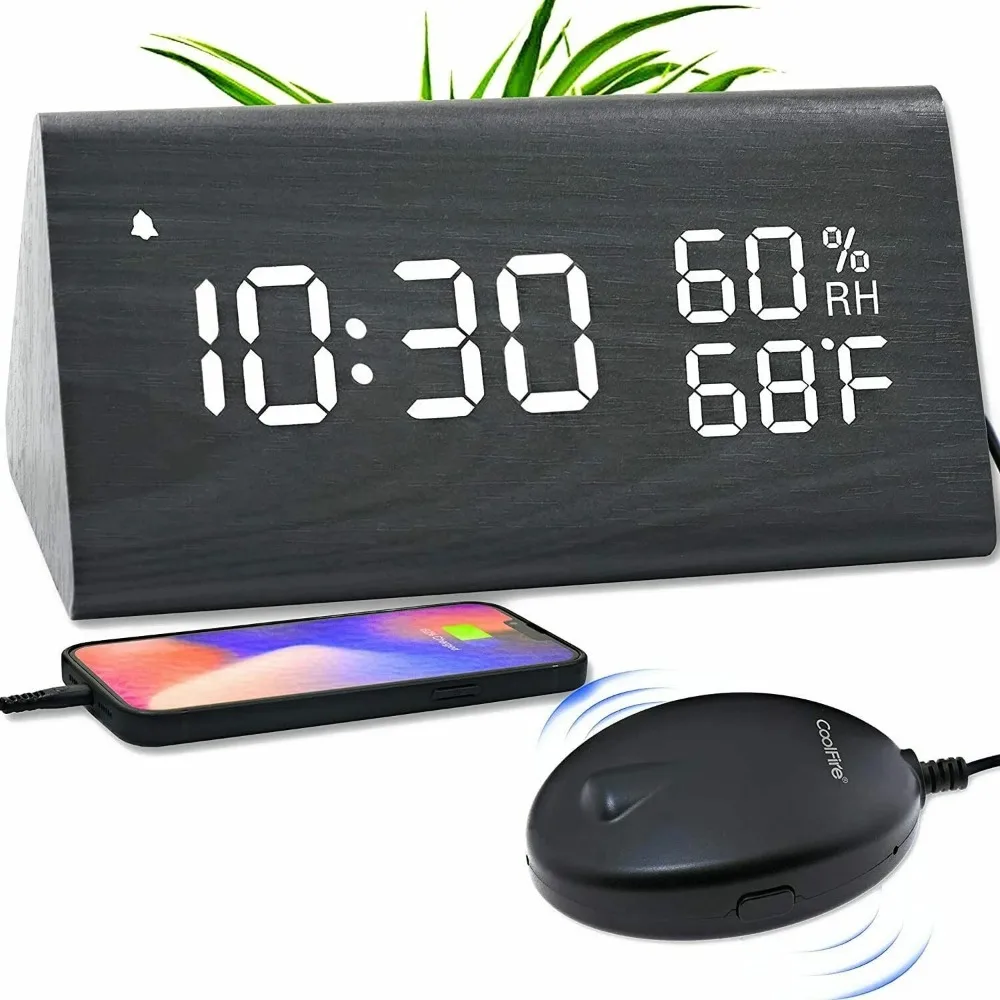 

CoolFire Wooden Vibrating Alarm Clock for Heavy Sleepers Adults, Wake Loud Alarm Clock for Heavy Sleepers, Bed Shaker Alarm Cloc