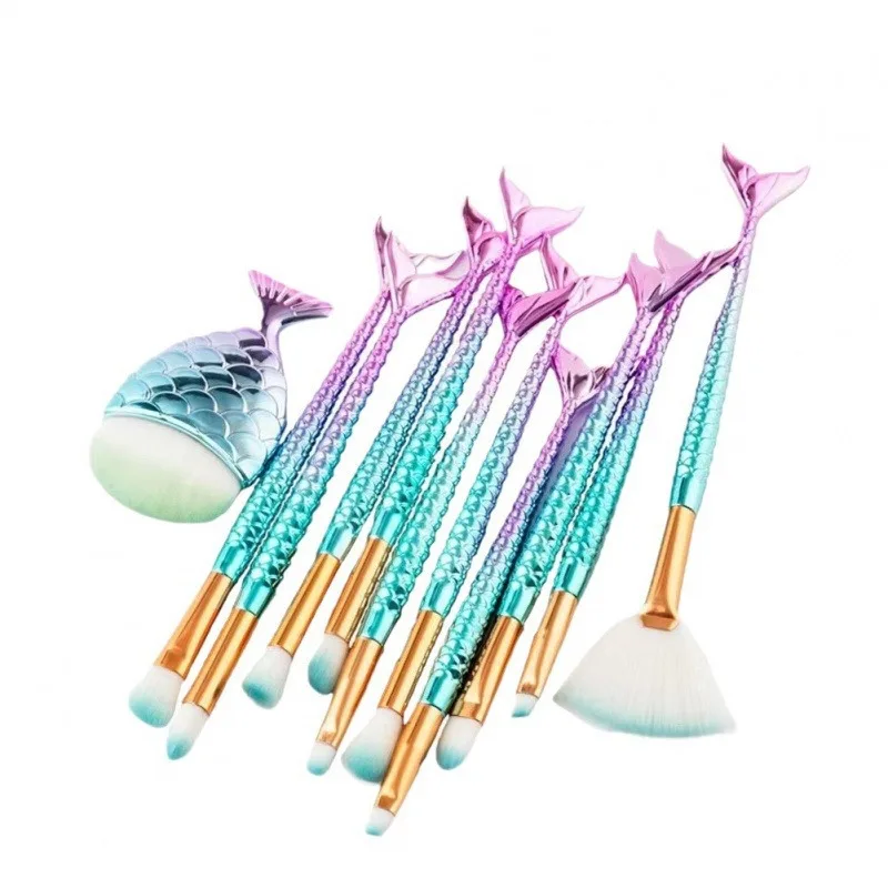 Juego de brochas de maquillaje de 11 Uds., Kit de brochas de ojos de sirena a la moda, resaltador de colorete, máscara de ojos, juego de brochas de maquillaje de sirena