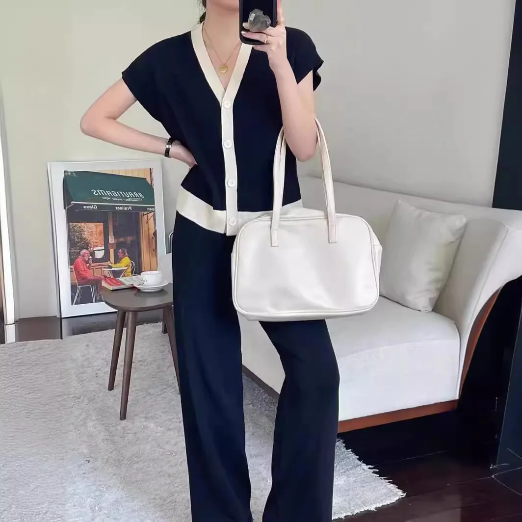 

Women Knitted Pajama Set Solid Single Breasted Ladies Sleepwear 2 Pcs with Pant Short Sleeve Autumn Pijama Suit for Female 2025