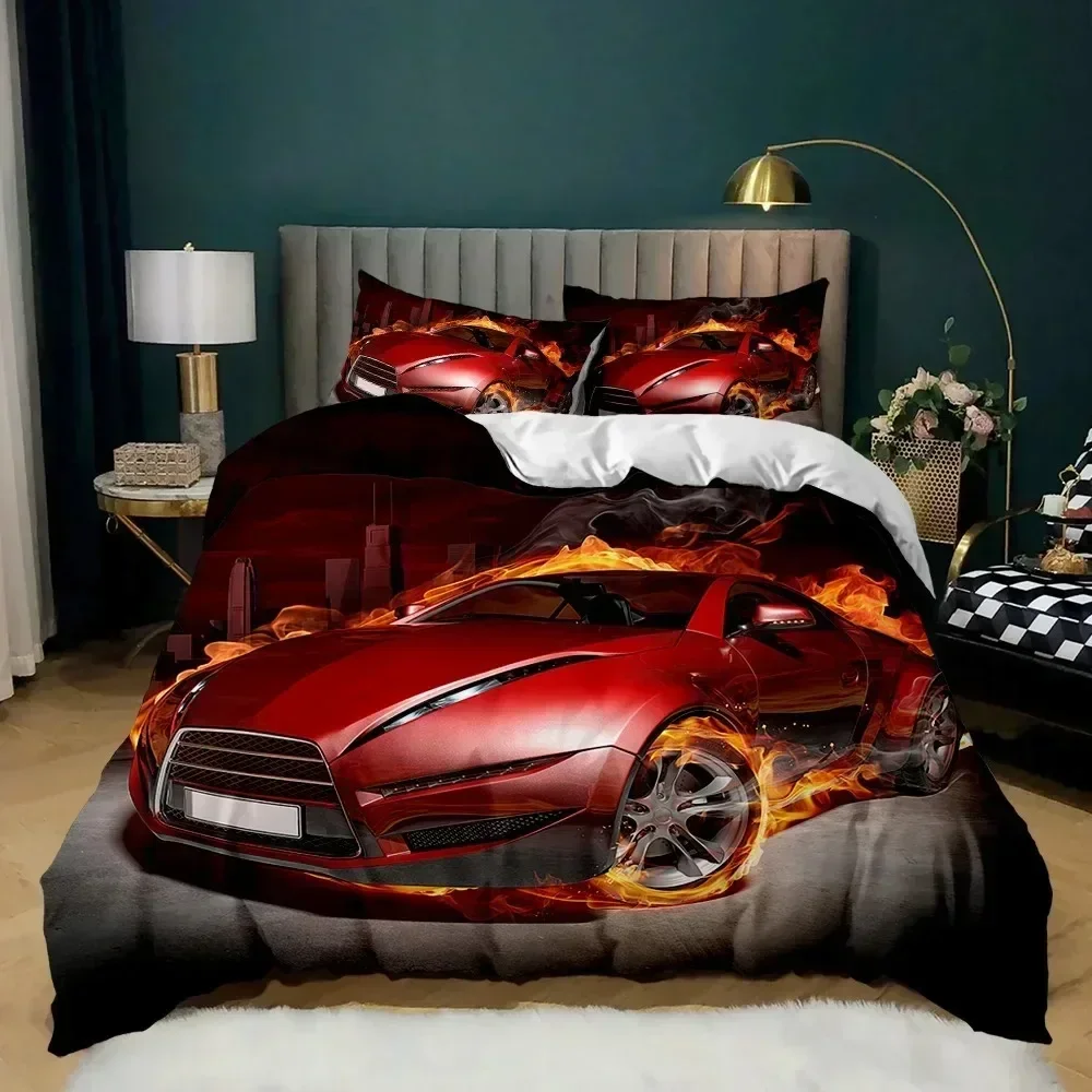 

Race Car Burning Red Flame Sports Car Bedding Set Duvet Cover Sheet Printed Bed Set Pillowcase Bed Full Queen King Size Bedroom