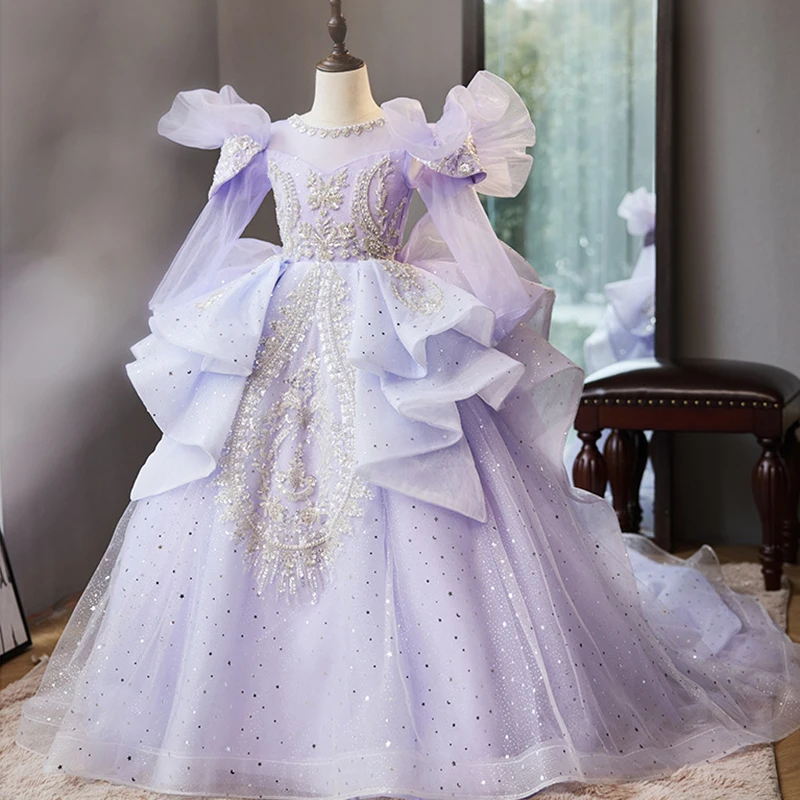 

Customized Ball Gown Baby Flower Girl Dresses Sequins Court Train Prom Princess Party Gowns Formal