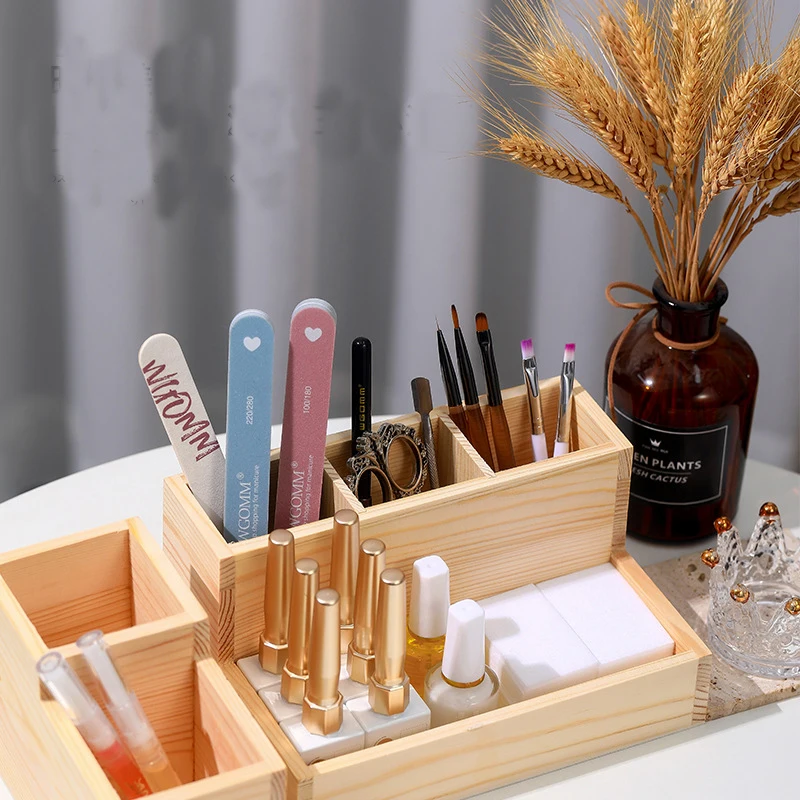 1Piece Wooden Storage Box For Desk Manicure Tools Nail Art Brushes Pens Holder Double Layer Nail Polish Makeup Tool Organizer