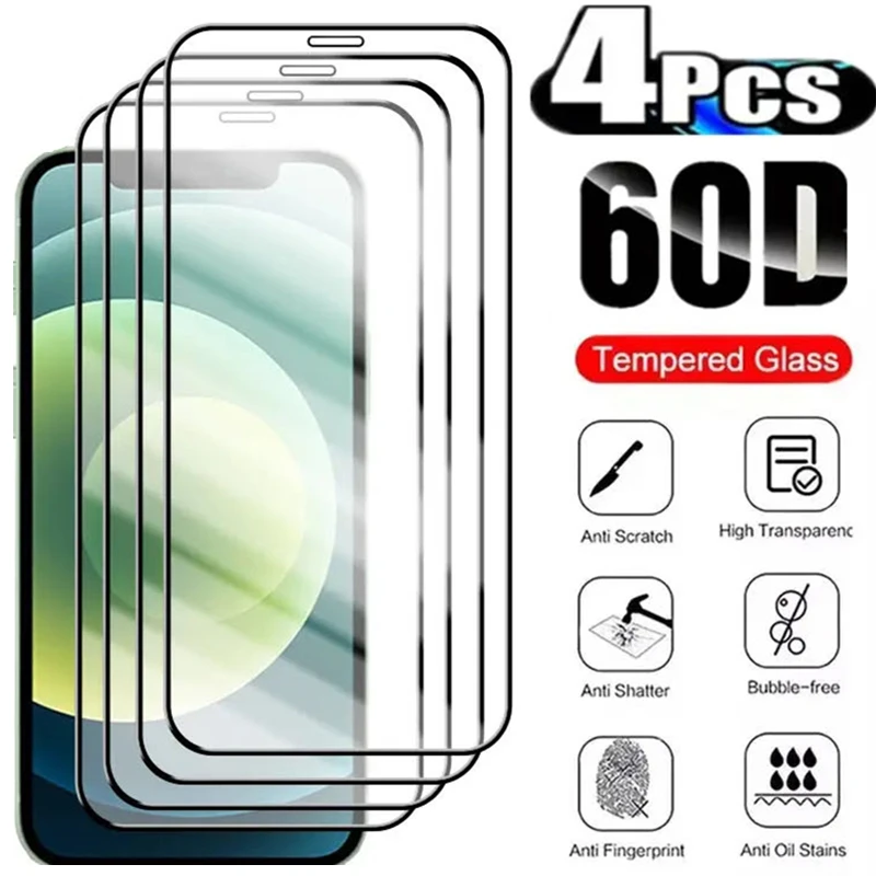 

4PCS 60D Full Cover Tempered Glass For iPhone 15 14 13 12 11 Pro Max Screen Protector For iPhone X XR Xs Max 15 PLUS Front Film