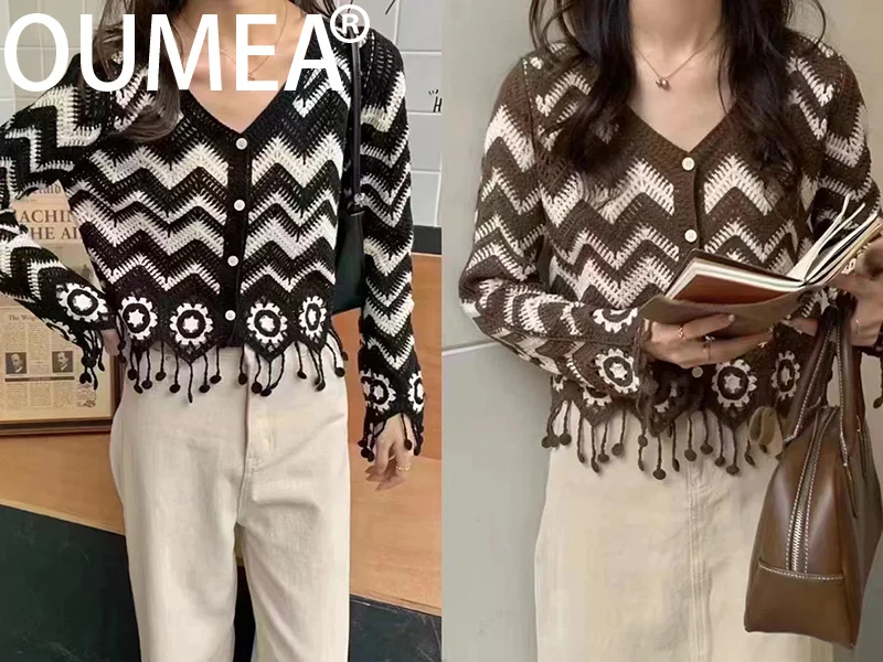 OUMEA Women Crochet Boho Cardigan Wave Pattern Buttons Front Casual Fringed Shirts Long Sleeve Vintage Beach Cover Up Blouse