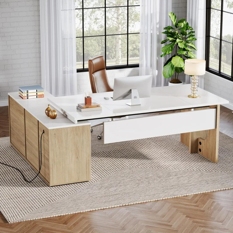

2026 New：74.8 Inch Executive Desk, Large Office Desk with Cabinet, L Shaped Computer Desk with Shelves and CPU Storag
