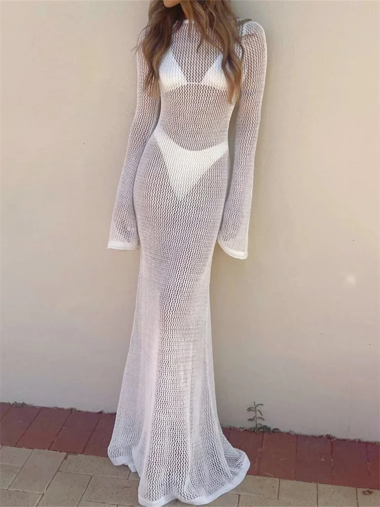 Women Knit Long DressLong Knit Beachwear Solid Color Long Sleeve O Neck Hollow Cover Up  See Through Beach Dresses Beachwear