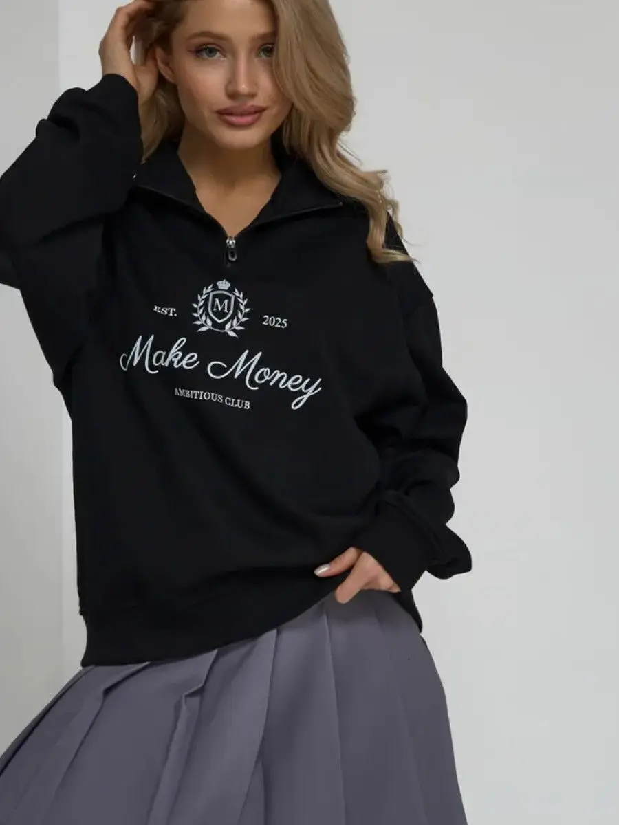 Felpa con colletto rovesciato con zip maglione bianco con grafica distintivo retrò americano Felpa ampia di grandi dimensioni autunno alla moda College Lady Hip Hop