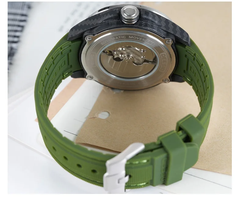 Dessio Men's Automatic Mechanical Watch | Upgrade Carbon Fiber Case Sturdy & Durable About 80g | 30M Waterproof | Luminous Dial | Date & Day Display | Trendy & Elegant Design for Business/Casual/Outdoor | Silicone Green Watch Strap | Lightweight & Sport |