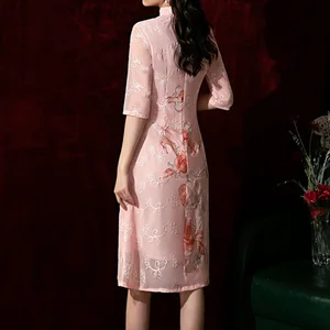 Cheongsam bordado de chiffon feminino, vestido fino médio longo para mãe, vestidos de noite tradicionais, plus size qipao, azul, rosa 10 principais vendas pregnant qipao - №2