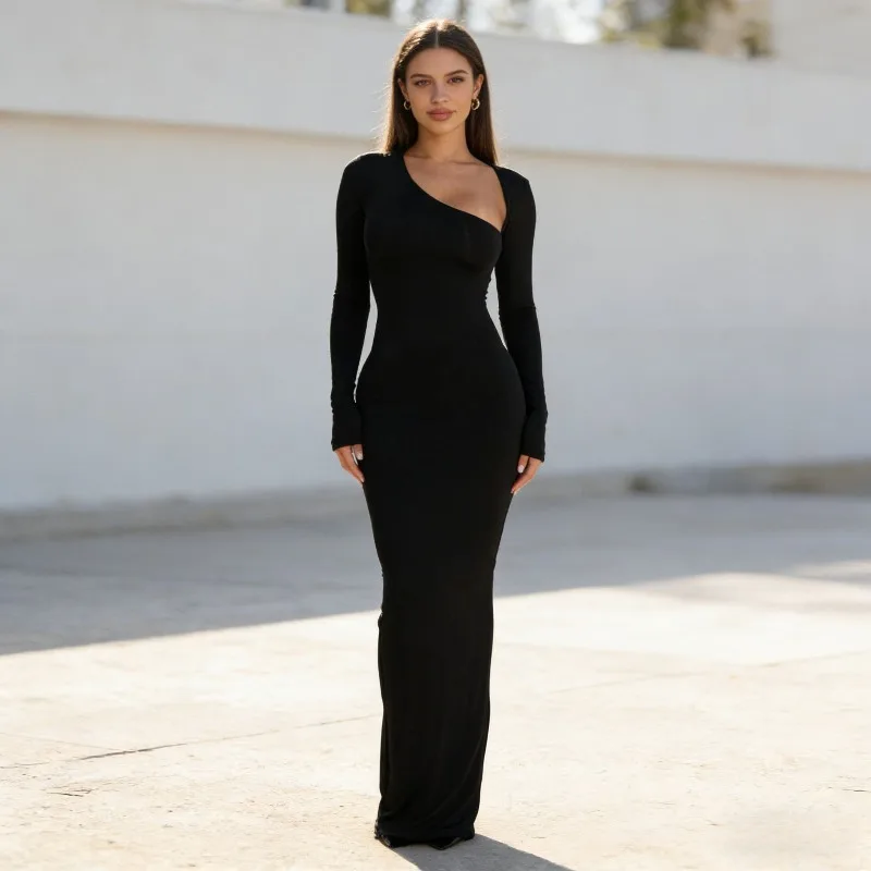 Novo preto simples elegante manga comprida fino ajuste saia longa feminina primavera e outono volta fenda gola diagonal senhora vestido básico