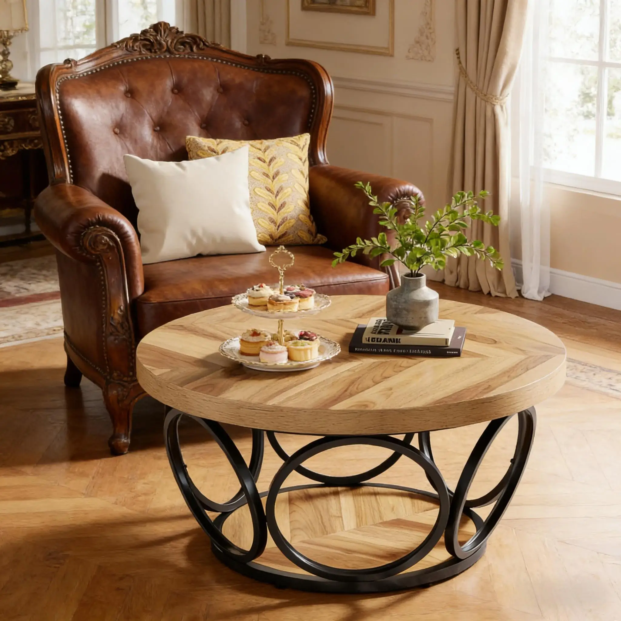 Mesa de Centro Redonda de 31.5 Pulgadas, Mesa de Centro Rústica de Madera de 2 Niveles con Estante de Almacenamiento, Estructura de Metal Industrial para Sala de Estar