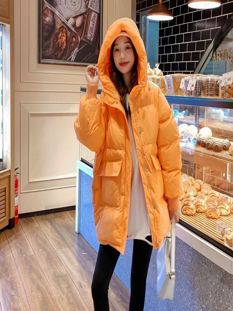 2023 New Orange Down Cotton Coat Women\'s Winter Mid length Thickened Cotton Coat Loose Cotton Coat High Quality Coat