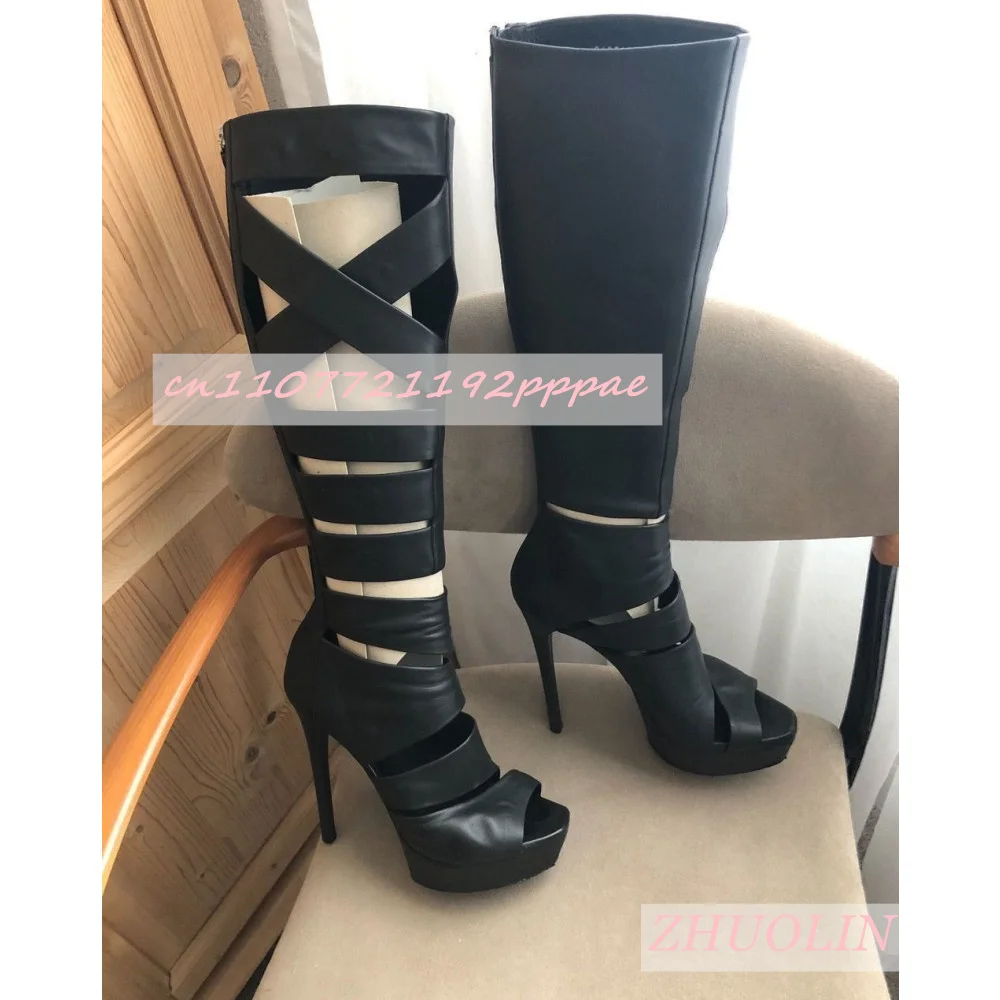 

Women'S Black Platform Roman Sandals Boots Summer Cross-Strap High-Heeled Open-Toe Boots Fashion Back Zipper Knee-High Boots 46