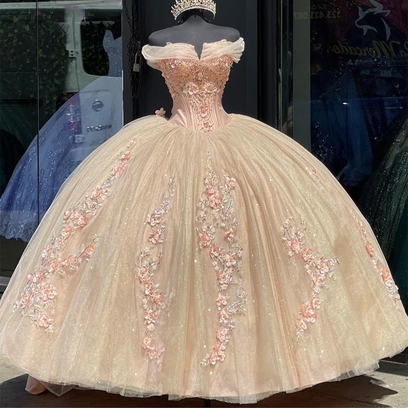 ANGELSRIDEP Luxury Champagne Quinceanera Dresses For 15 Party Formal 3D Flowers Princess Girls Birthday Gowns Off The Shoulder